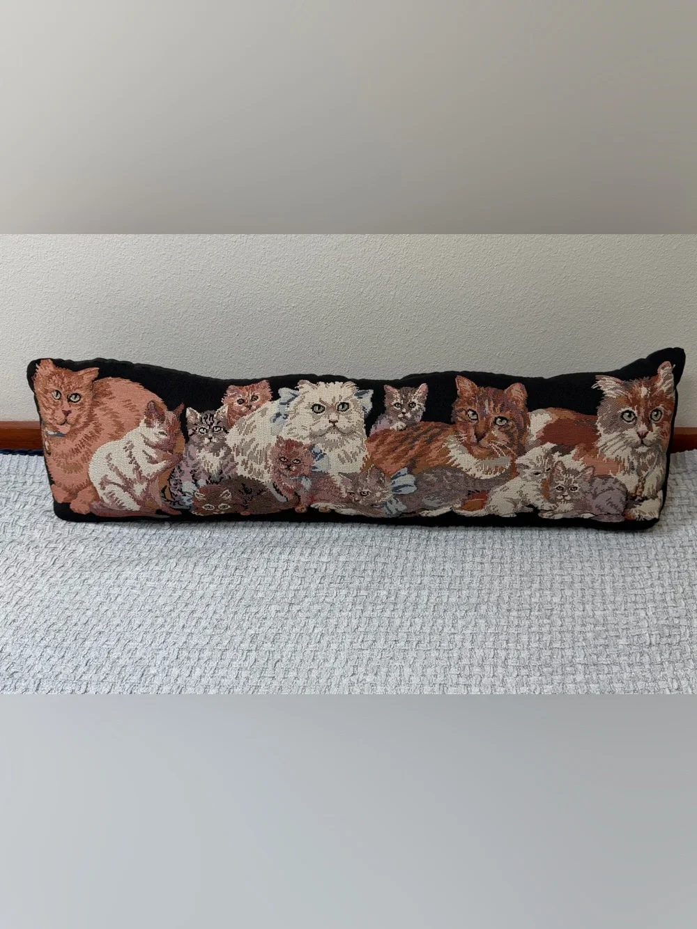 Cottagecore Kitty Cats Embroidered Tapestry Pillow Cat Decor Black Tan Ivory